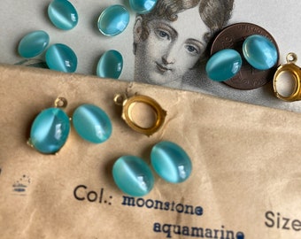 8 Vintage Robins Egg Blue Moonstone  'AQUAMARINE" West German 8x10mm Glass Stones,  Available With 1 or 2 Ring Connectors