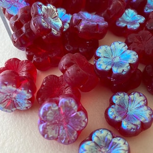 4 Vintage Thick AB Ruby 18mm x 8mm Glass Flower Beads