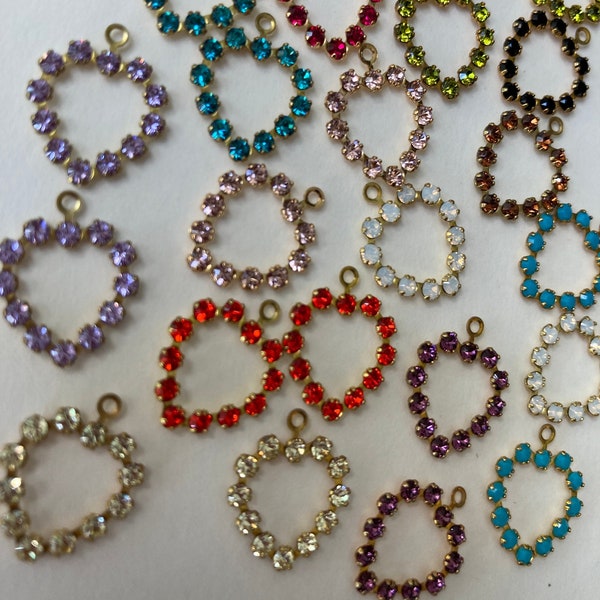 12 Vintage Swarovski Crystal Hearts With Hoops, Assorted Colors