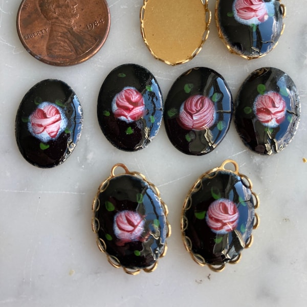 4  Vintage Guilloche Black With Pink Roses Enamel 13x18mm Ovals On Metal And Original Vintage Necklace