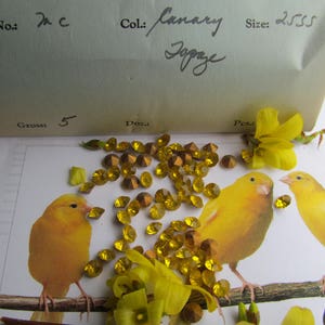 May include: A close-up of a package of canary yellow glass rhinestones. The package is labeled "Canary Japaze" and the rhinestones are scattered on a white surface with two yellow canaries and yellow flowers.