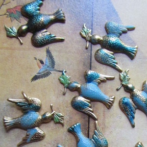Könnte beinhalten: Eine Sammlung von 12 blauen und goldenen Emaille-Vogelanhängern mit grünen Blättern. Die Anhänger sind auf einem Hintergrund mit einem Blumenmuster angeordnet.