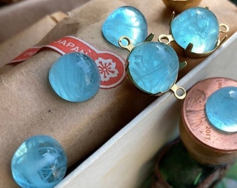 Vintage Robins Egg Blue "Cherry Brand" 11mm Glass Stones (Stones only 6 per order) Available With 2 Ring Connectors (4 per order)