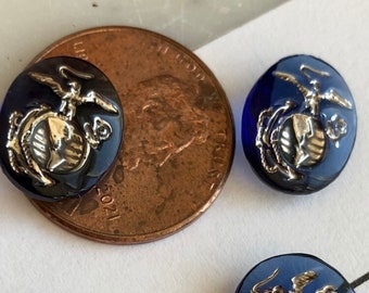6 Vintage U.S. Marine Corp. Sapphire And Silver 12x10mm Glass Cabochon, The few, the Proud, The Marines.