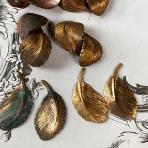 May include: A collection of gold and copper feather-shaped charms. The charms are detailed with a textured surface and have a vintage look.