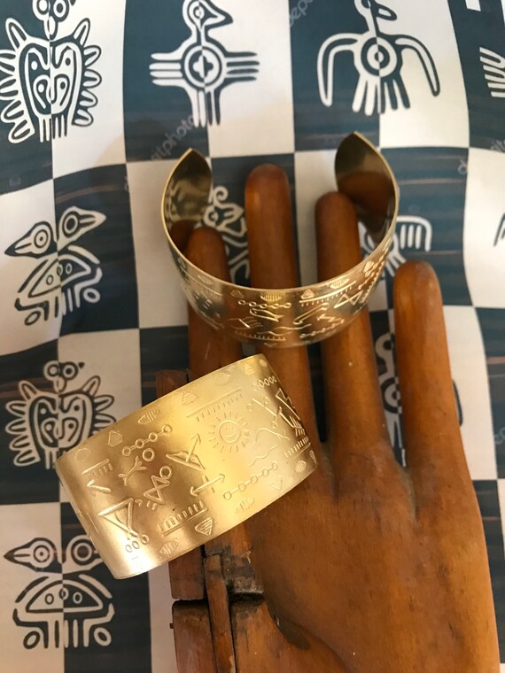 2 Inca Etched Cuff Brass Bracelets - image 8