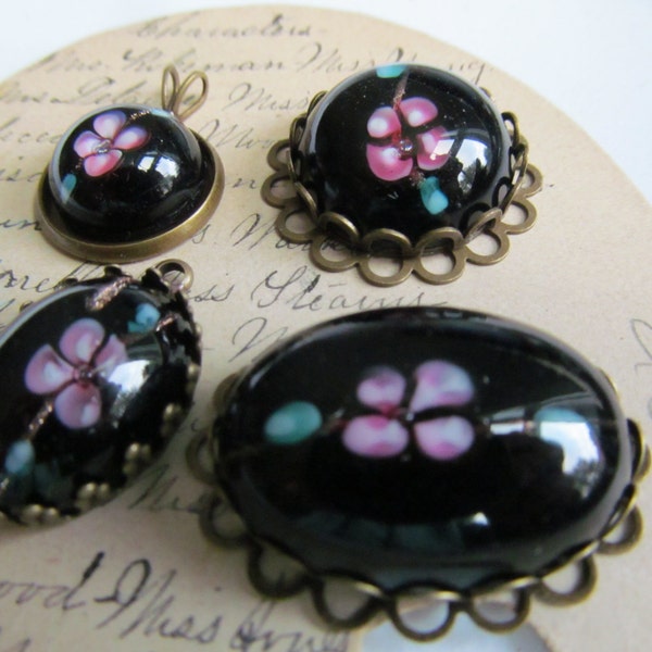 Vintage  Lampworks Floating Roses Set Black Glass Cabochons