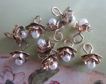 12 Brass Roses With Pearl Center, Vintage Tiny Size With Hooped Backs