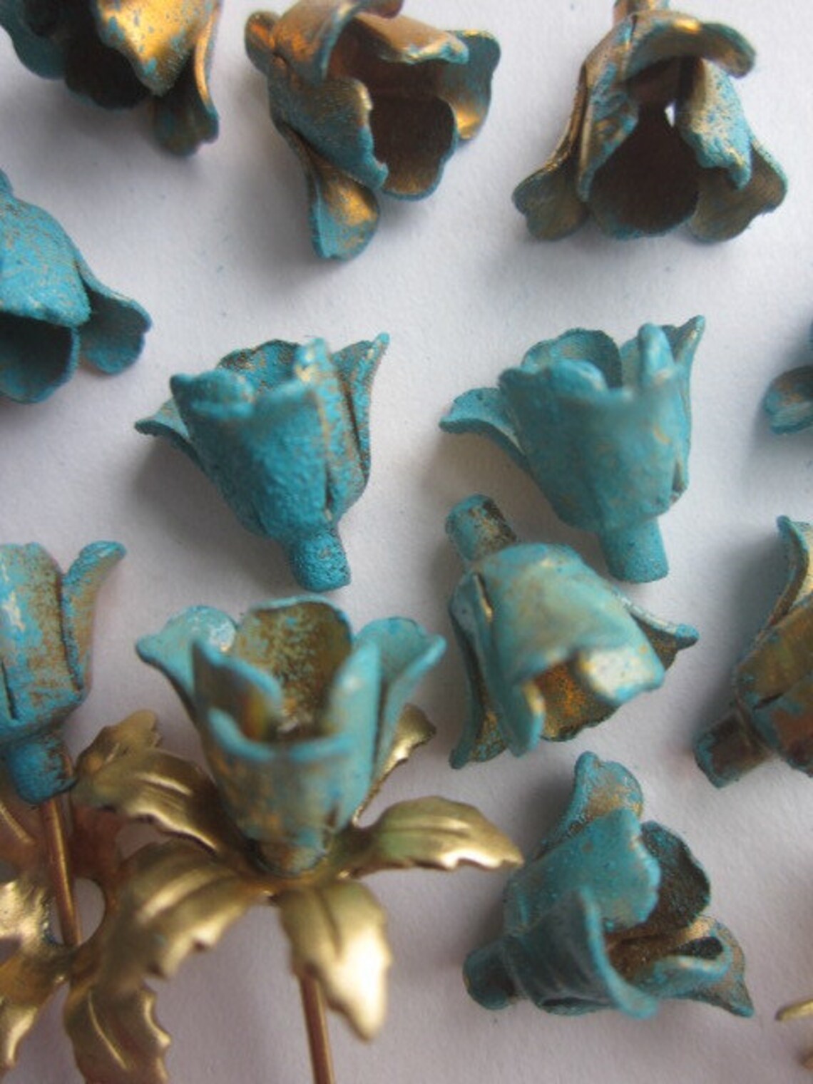 20 Vintage Painted Metal Teal Flowers Etsy