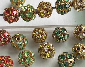 6 Vintage Swarovski 8 mm Strass Perlen, Chartreuse, Orange, Emerald, Hellgrün & Klar