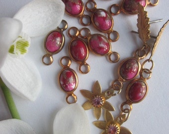 Vintage Raspberry  Glass  And Brass Connector Beads