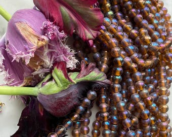 42 Vintage Iridescent 9mm Purple Bronze Glass  Beads, One Strand