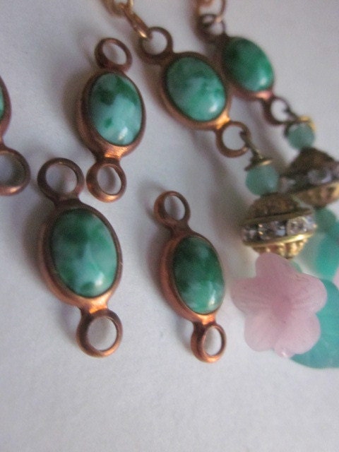 Vintage Jade Green Glass  And Brass Connector Beads