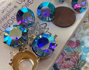 4 Vintage Swarovski Large Size AB Sapphire Chanton Crystals or 2 With Hooped Brass Settings, 60ss-14mm-1/2 Inch