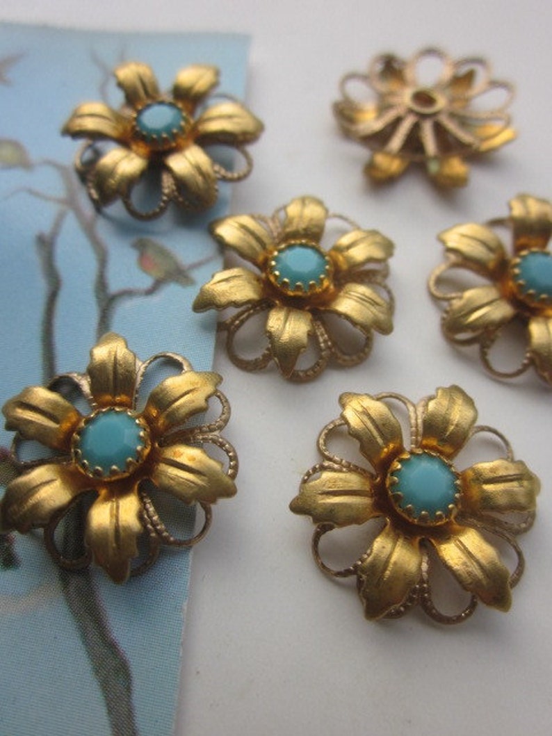 4 Vintage Swarovski Turquoise Crystal Flower Finding With Hoops image 1