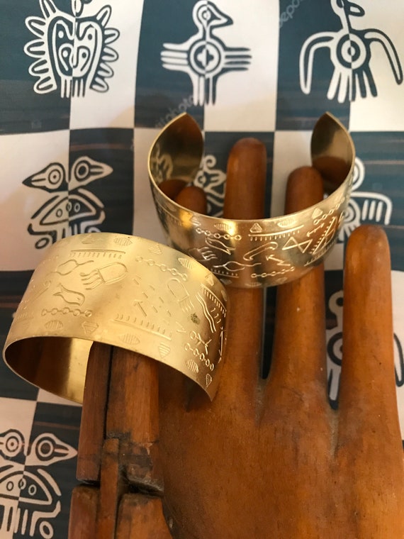 2 Inca Etched Cuff Brass Bracelets - image 7
