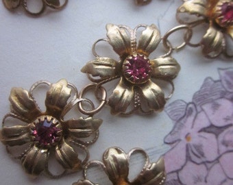 4 fiori vintage in cristallo rosa Swarovski con cerchi