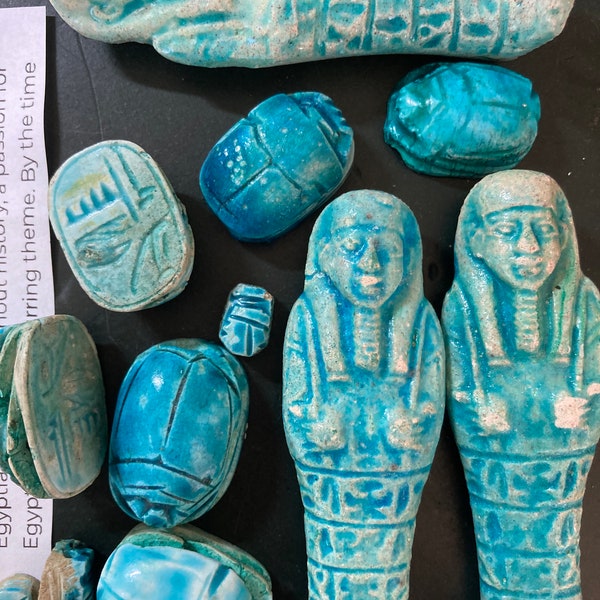 Vintage  Egyptian Ushabti Figure and Scarab Beetle Blue Faience Glazed Ceramic Beads