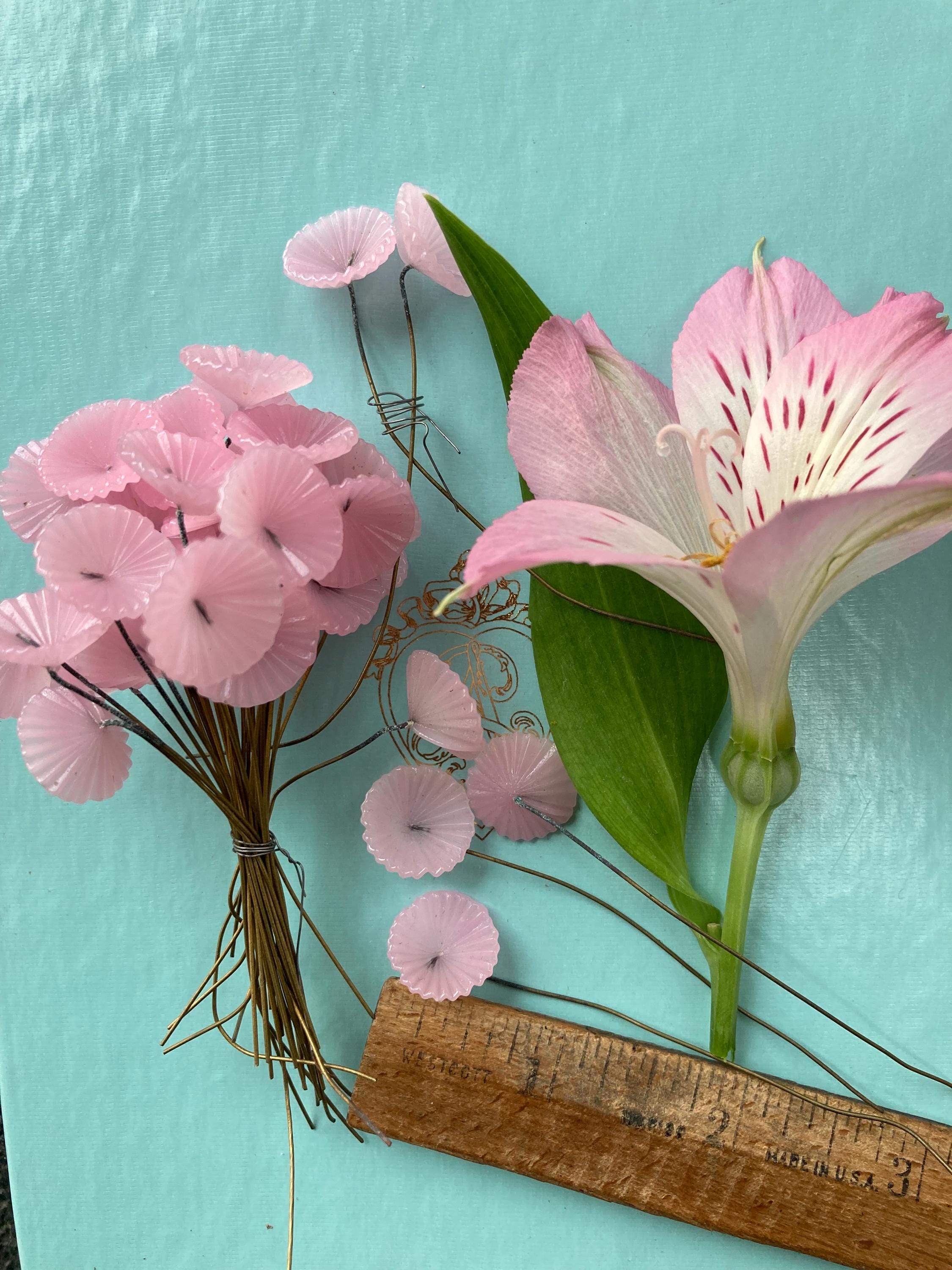 8 Vintage Japanese Cherry Brand Pink Glass Shell on Wires, 1950's