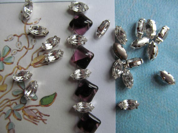 40 Small Rhinestone Navette With Double Hole  In Silver Setting