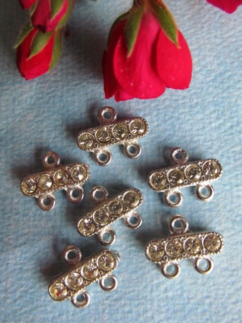 Vintage Rhinestone  Silver Two Strand  Connectors