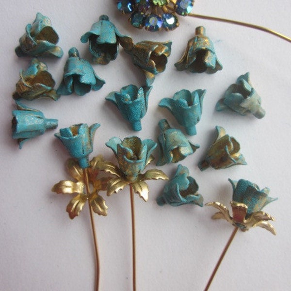 20  Vintage Painted Metal Teal Flowers
