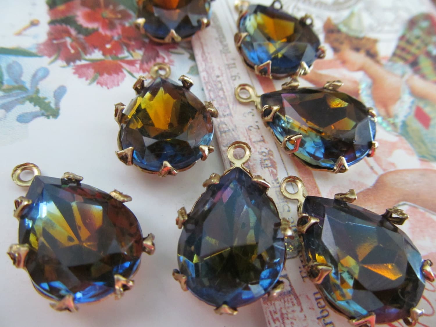 Vintage Goldback Topaz/Montana Blue Teardrop Crystals