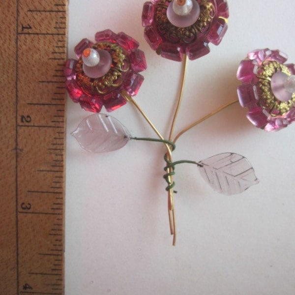 Vintage Brass, Glass and Rosy Purple Lucite Wired Flower Bouquet