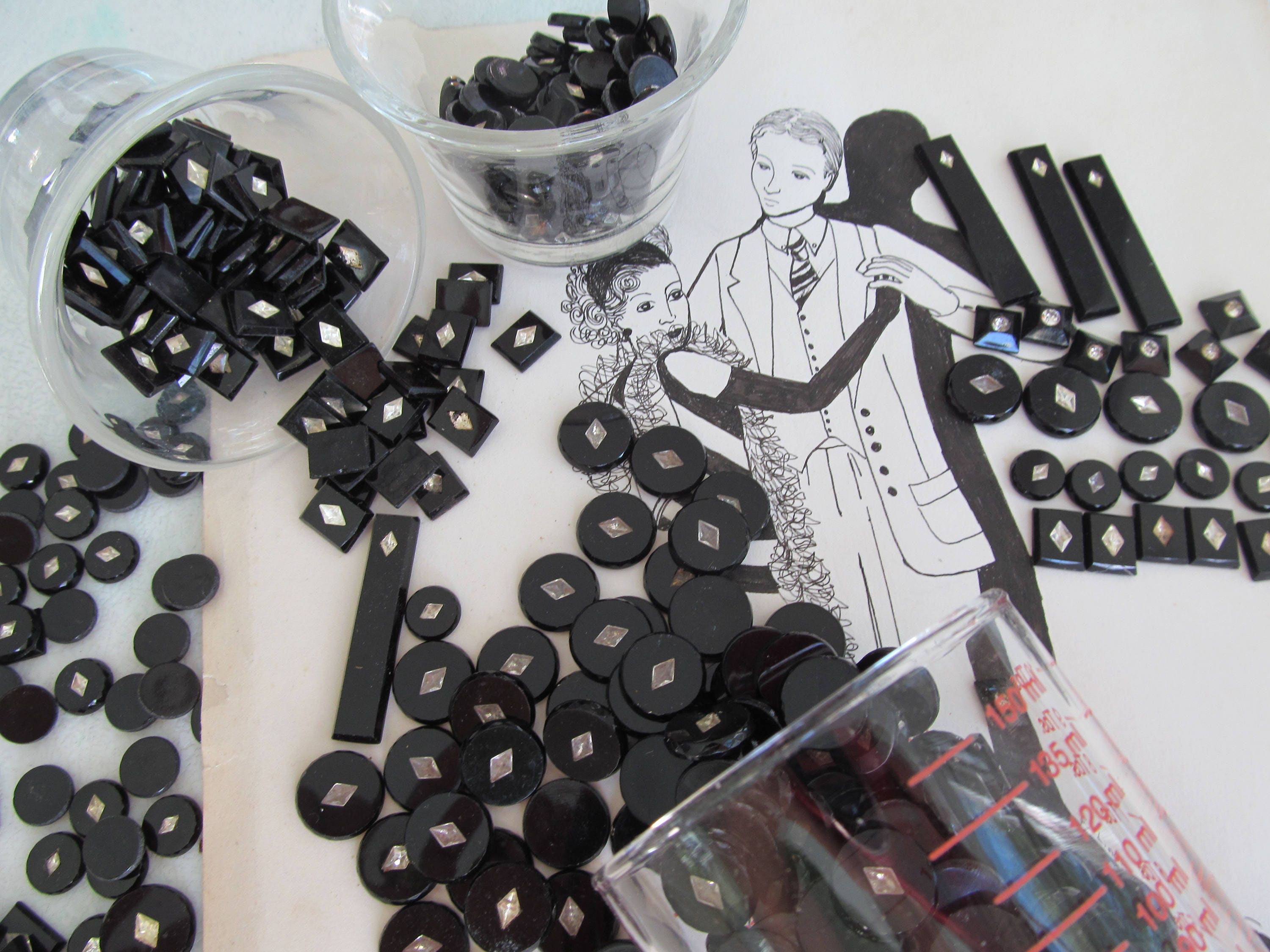 Vintage Czechoslovakia Mourning Jet And  Rhinestone Cabochon Pieces