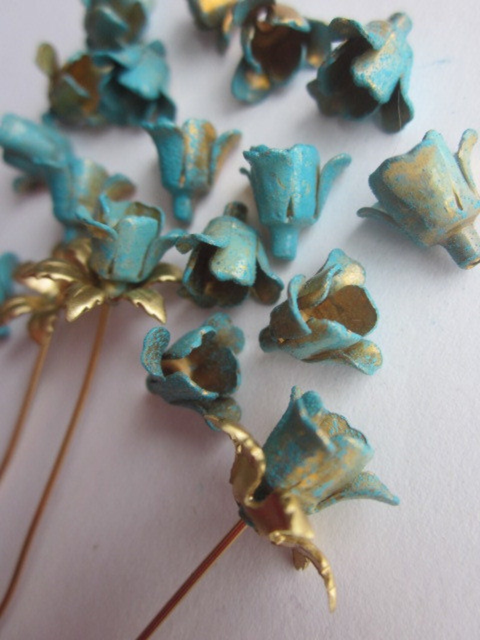 20 Vintage Painted Metal Teal Flowers Etsy
