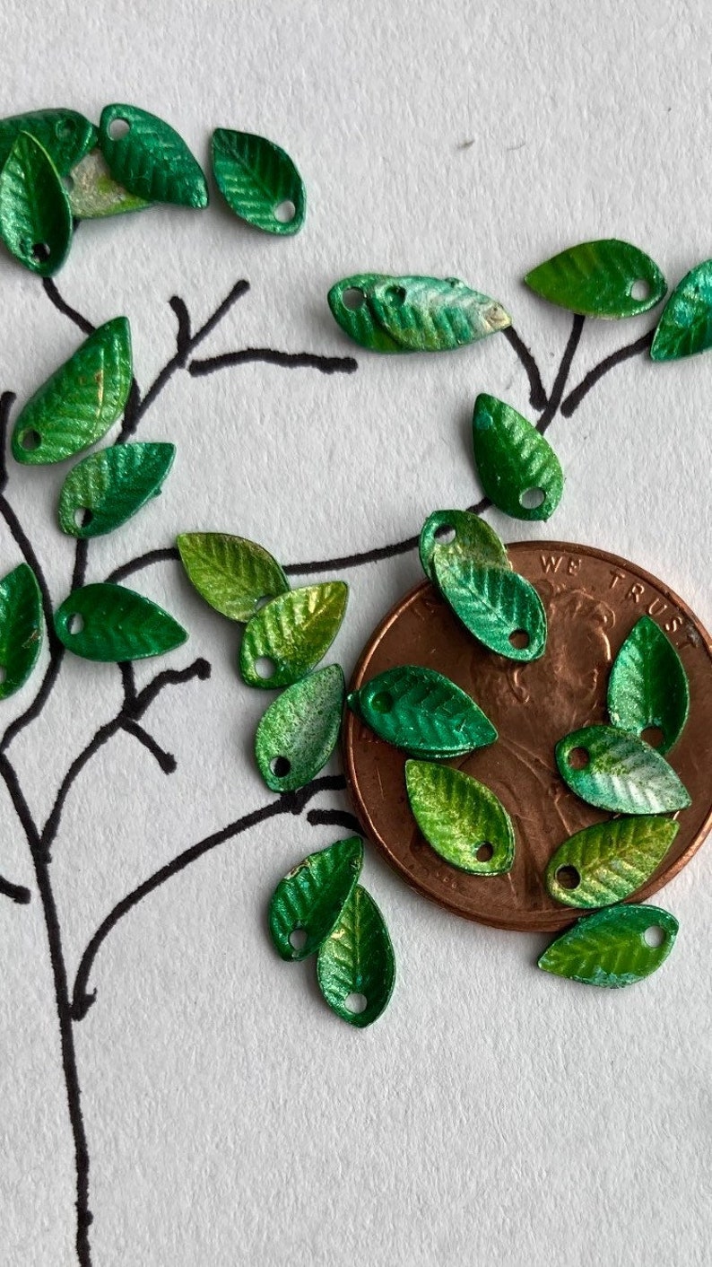 30 Itty Bitty Teeny Weenie Tiny Green Brass Leaves, 8x5mm...tiny, tiny,tiny, for miniature work image 4