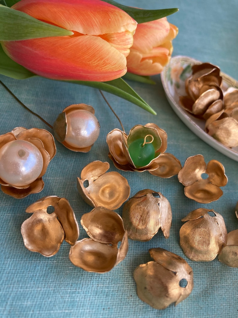 12 Brass Beadcaps, Flower Shape , Three Petals-Open and Close Easily image 3