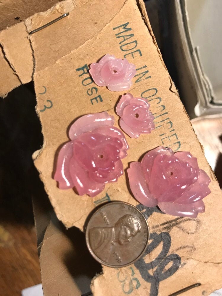 Vintage  Occupied Japan  Pink Rose Glass Roses -Miriam Haskell -2 Siz…