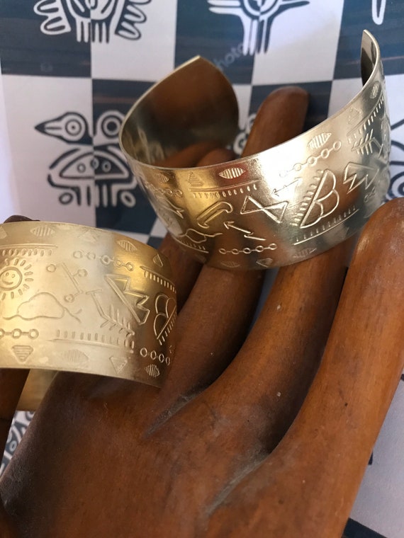 2 Inca Etched Cuff Brass Bracelets - image 2
