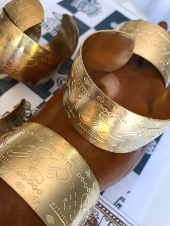 2 Inca Etched Cuff Brass Bracelets - image 5