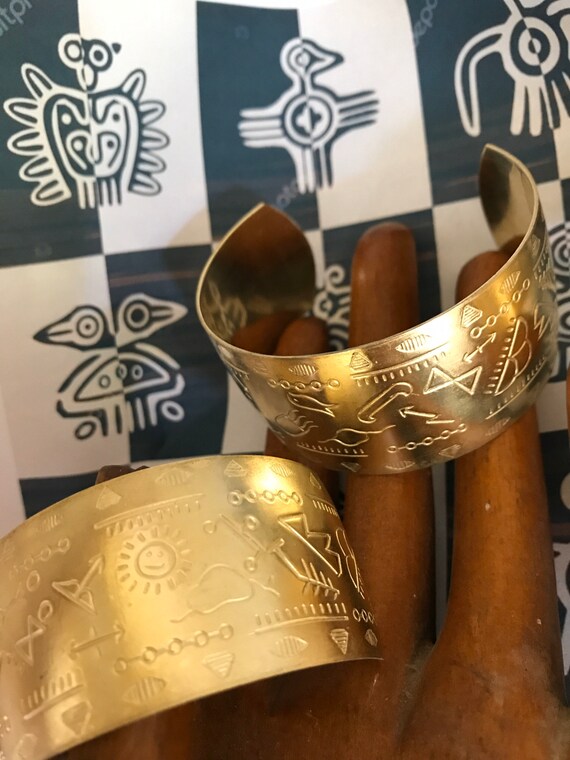 2 Inca Etched Cuff Brass Bracelets - image 3