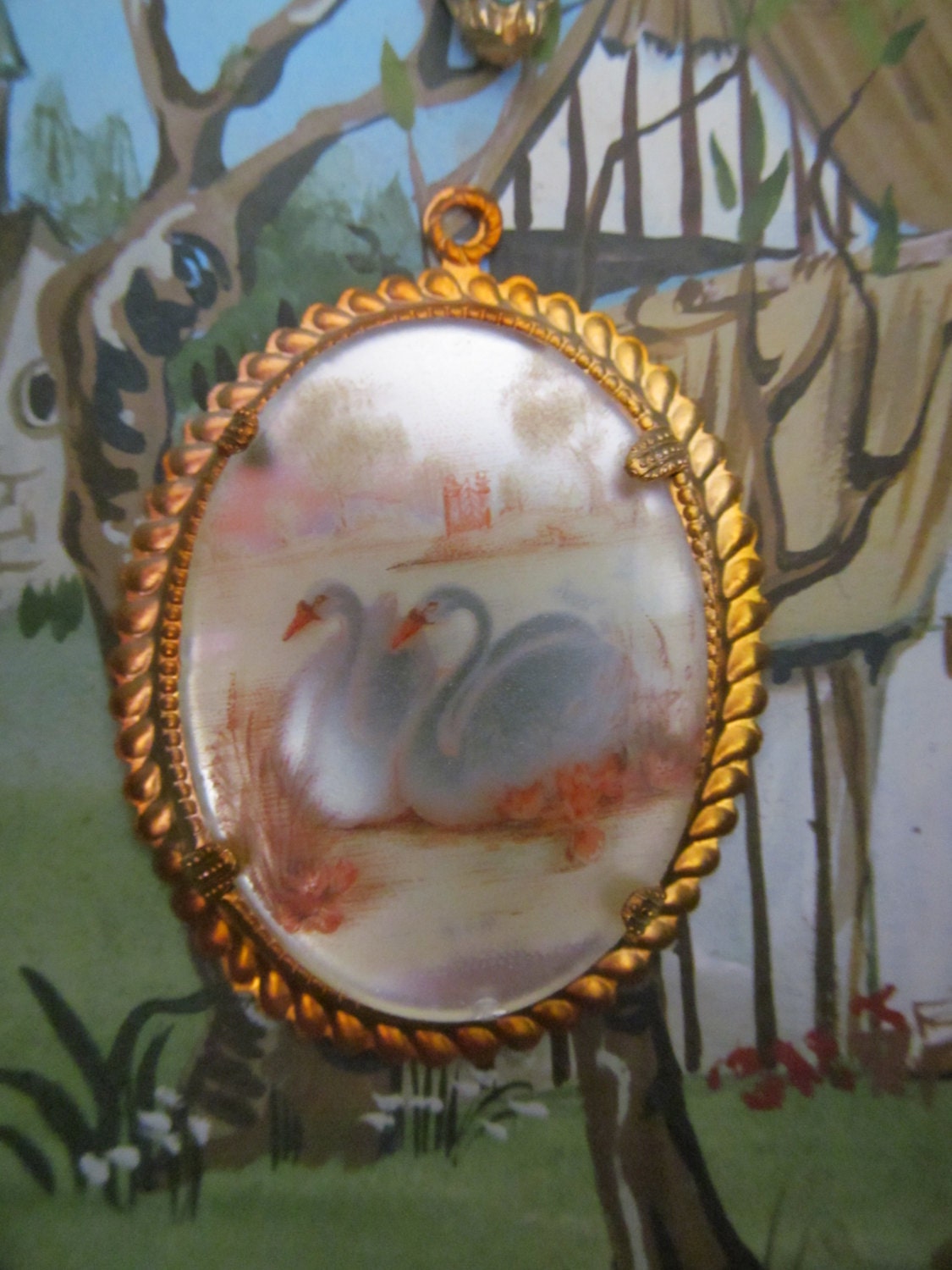 Vintage Swan Glass Mirror Cabochons In Setting