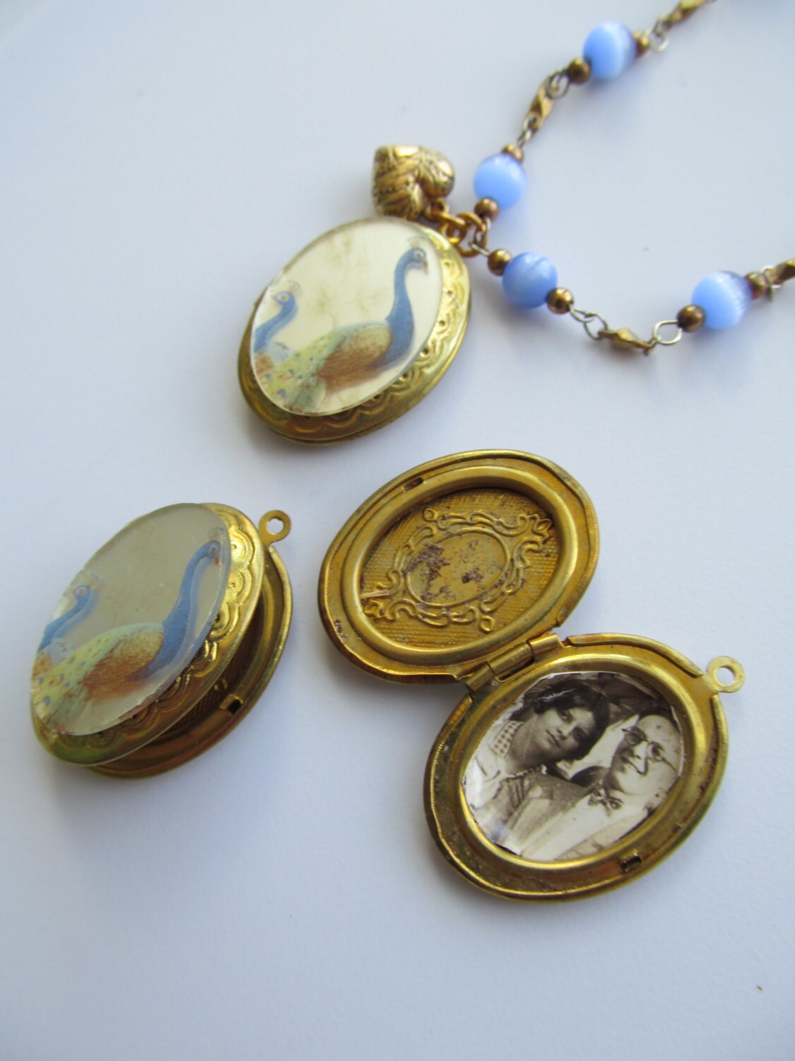 Vintage Oval Locket With Peacock Mirror Cabochon