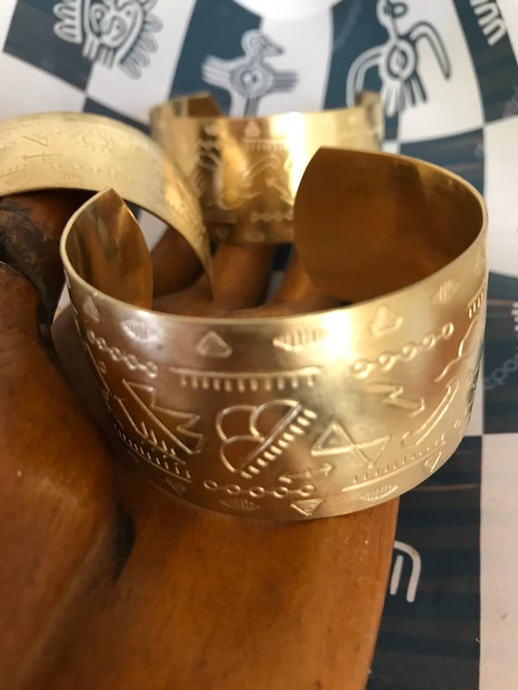 2 Inca Etched Cuff Brass Bracelets - image 1