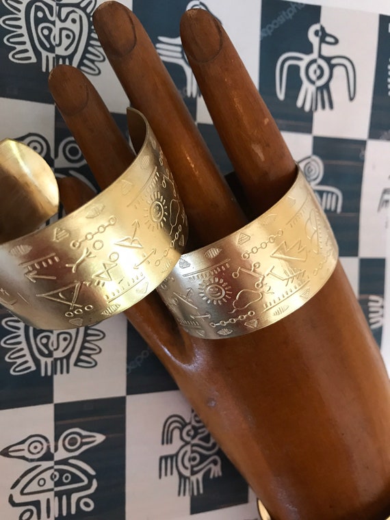 2 Inca Etched Cuff Brass Bracelets - image 6