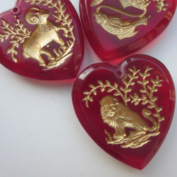 Vintage Ruby Glass Heart With Gold Leaf Designs