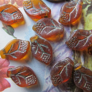 20 Small Vintage Topaz  Glass Pressed Leaf Bead