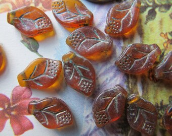 20 Small Vintage Topaz  Glass Pressed Leaf Bead