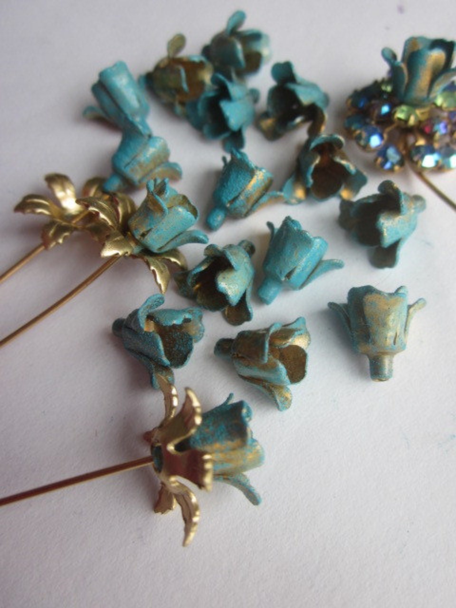 20 Vintage Painted Metal Teal Flowers Etsy
