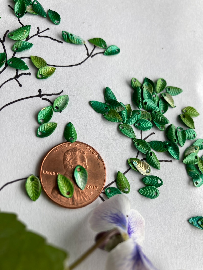 30 Itty Bitty Teeny Weenie Tiny Green Brass Leaves, 8x5mm...tiny, tiny,tiny, for miniature work image 6