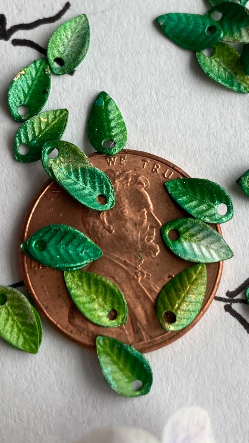 30 Itty Bitty Teeny Weenie Tiny Green Brass Leaves, 8x5mm...tiny, tiny,tiny, for miniature work image 2