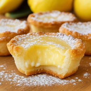 Può includere: Primo piano di diverse mini crostatine al limone, una con un morso. Le crostatine hanno una crosta dorata e friabile e sono ripiene di una crema al limone gialla. Zucchero a velo spolverato sopra.