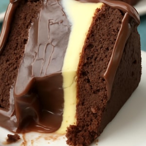 Op de afbeelding: Een stuk chocoladetaart met een romige gele en witte vulling, gegarneerd met rijke chocoladeganache. De cake is vochtig en donkerbruin, met chocoladesaus die langs de zijkanten naar beneden stroomt. Het dessert ligt op een wit bord.