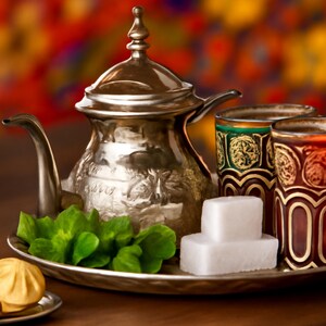 May include: A silver tea set with a teapot, three decorative glasses, sugar cubes, and mint leaves on a silver tray. The glasses have gold and colored accents. A small pastry is on a separate plate.