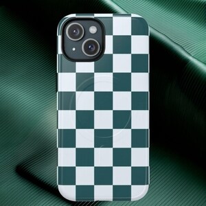 Transformative Teal & Cloud Dancer White Check iPhone Case | Fashion Aesthetic Shockproof Fade Resistant Magsafe Phone Cover